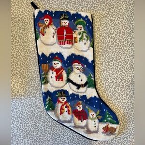 Needlepoint Christmas Wool Stocking Snowmen Blue Velvet Back